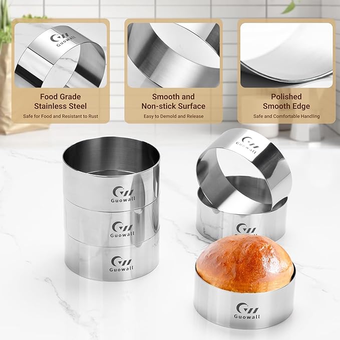Guowall 6pcs Hamburger Bun Ring Mold, Seamless Thickened 4 inch Nonstick Crumpet Rings Stainless Steel Burger Mould, Cake Rings for Fried Eggs, Pancakes and Cookie for Baking