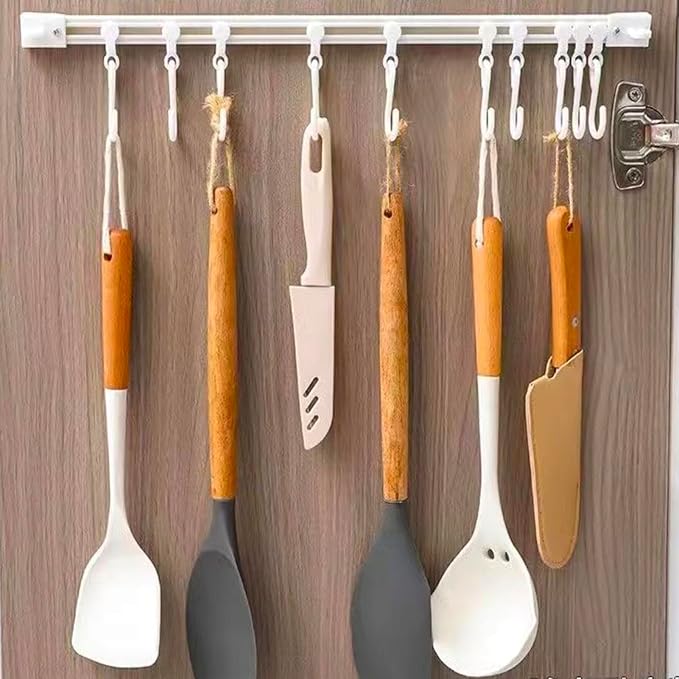2Pcs Multifunctional Slide Rail Hook, Adhesive Wall Hooks Rack Kitchen Rail, Space Saving Utensil Rack with 10 Hooks No Drilling Hanger for Bathroom Kitchen Bedroom Office(40cm/15.7in)