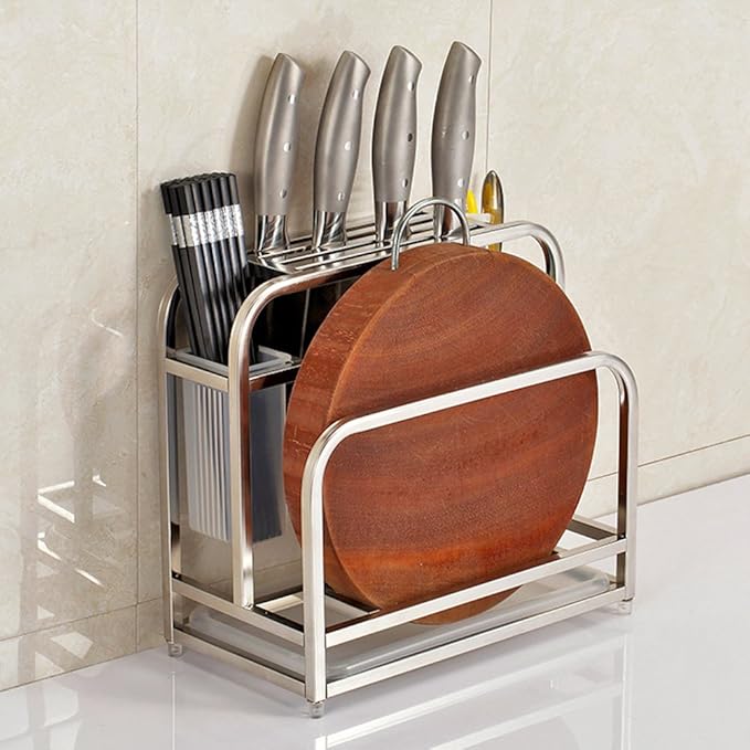 Knife Holder Storage Organizer with Hooks, Stainless Steel Knife Block Holder Cutting Board Rack,Kitchen Utensils Holder with Drainer Tray for Kitchen Countertop