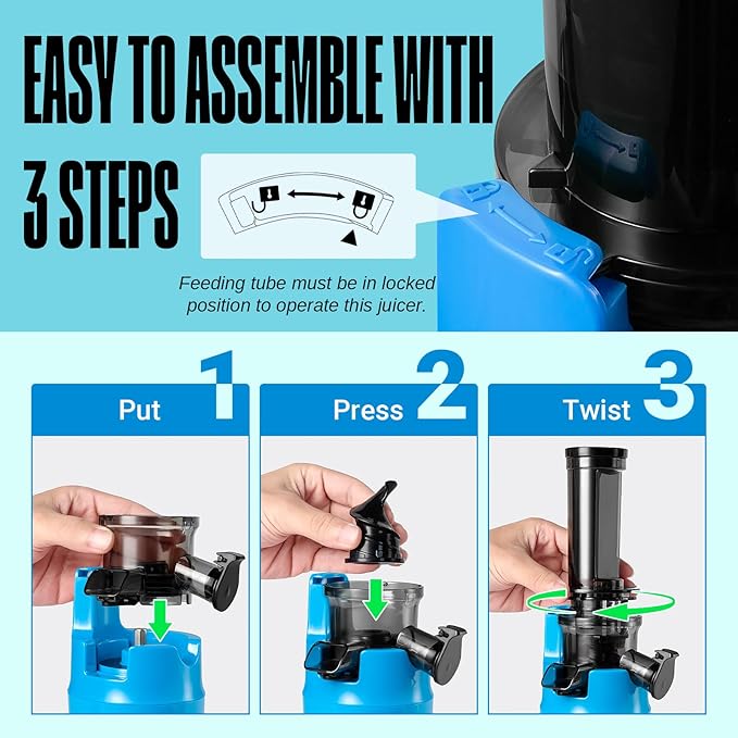 Ventray Ginnie Mini Cold Press Juicer, Small Slow Masticating Juicer for Vegetables and Fruits, High Juice Yield, Easy to Clean, Space-Saving, Fit for Personal/Travel/Picnic/Office - Blue