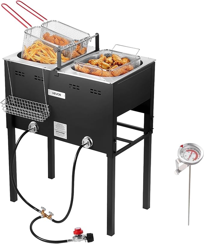 VEVOR Outdoor Propane Deep Fryer, Dual-Tank 16QTx2 Large Capacity Commercial Fryer, Stainless Steel Fish Cooker with 3 Basket, Thermometer, Floor Standing Fryers for Catering Event Camping, 50,000 BTU