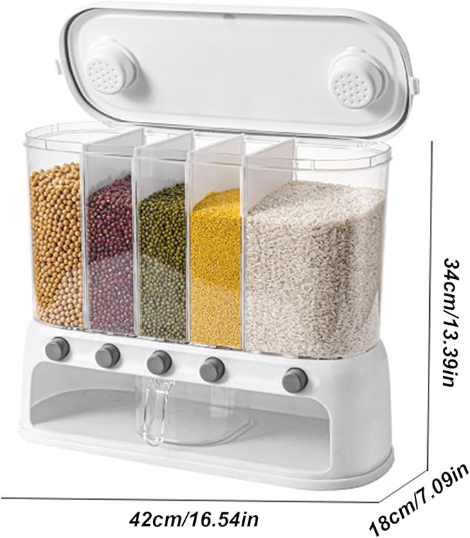 Yuehuam Dry Food Dispenser,12L Wall mounted 5 Grid Grain Dispenser 25 pounds Cereal and Rice Storage Container with Measuring Cup