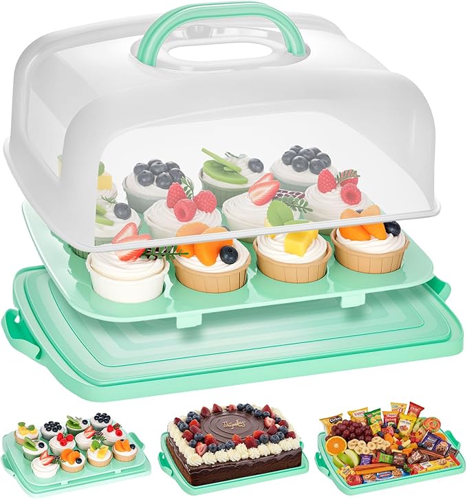 VGOODALL Cake Carrier with Lid and Handle, 12 Capacity Cupcake Holder for Muffin Pies Candies Fruits Snacks Desserts, Perfect for 14×10×4.5" Sheet Cakes, Dishwasher Safe