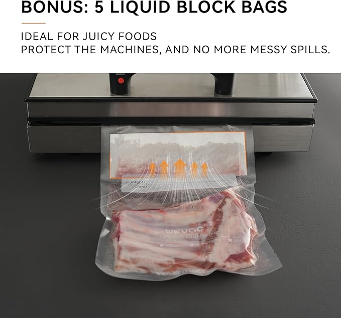 Wevac 11" x 16" Precut Vacuum Sealer Bags, 100 Count, Includes 5 Liquid Block Bags & 5 Bone Guard Pieces, Heavy Duty for Food Storage, Sous Vide & Meal Prep