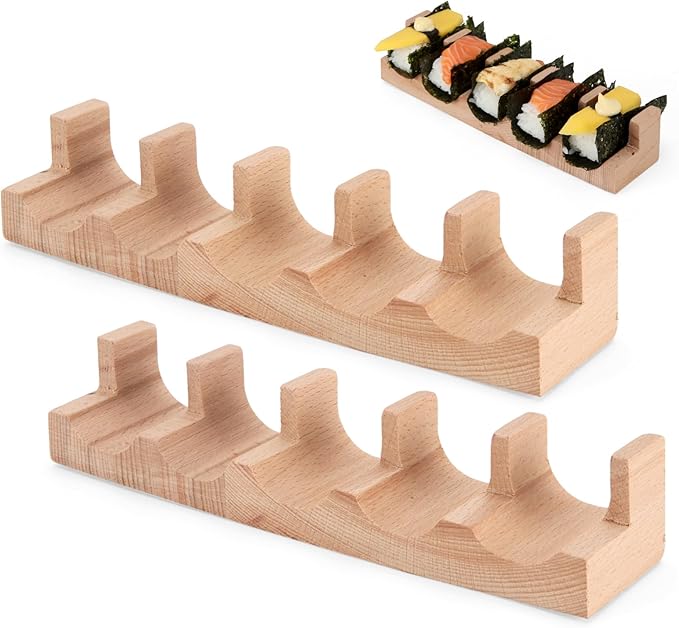 Wooden Taco Holder Stand for Sushi Hand Roll, Temaki & Sushi Roll – 1/2/3/5 Slot Sushi Display Tray, Natural Wood Serving Platter (2 pcs per Pack) (5 Slot (2 pcs))