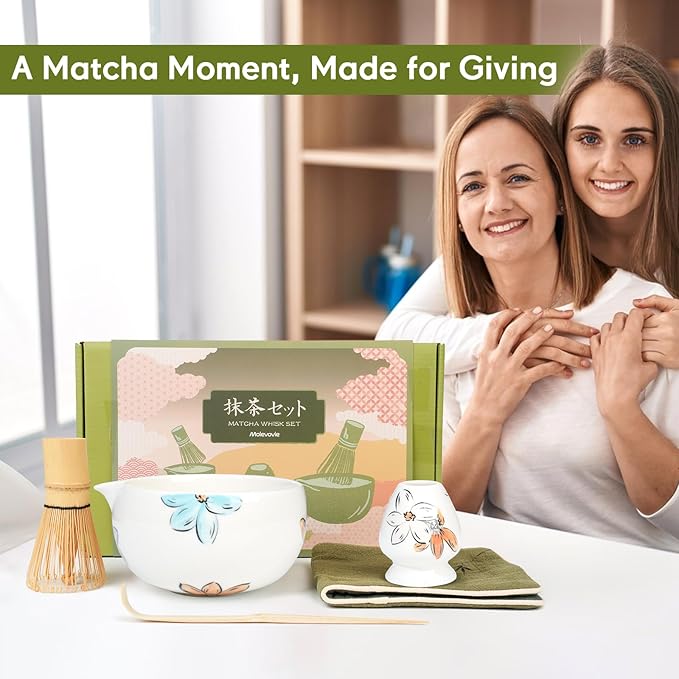 Matcha Whisk Set – Ceramic Matcha Set with Matcha Bowl, Matcha Whisk & Holder, Bamboo Scoop, Tea Towel – 5-Piece Japanese Matcha Kit for Matcha Lovers, Beginners & Gifting (Multicolor, 17oz)