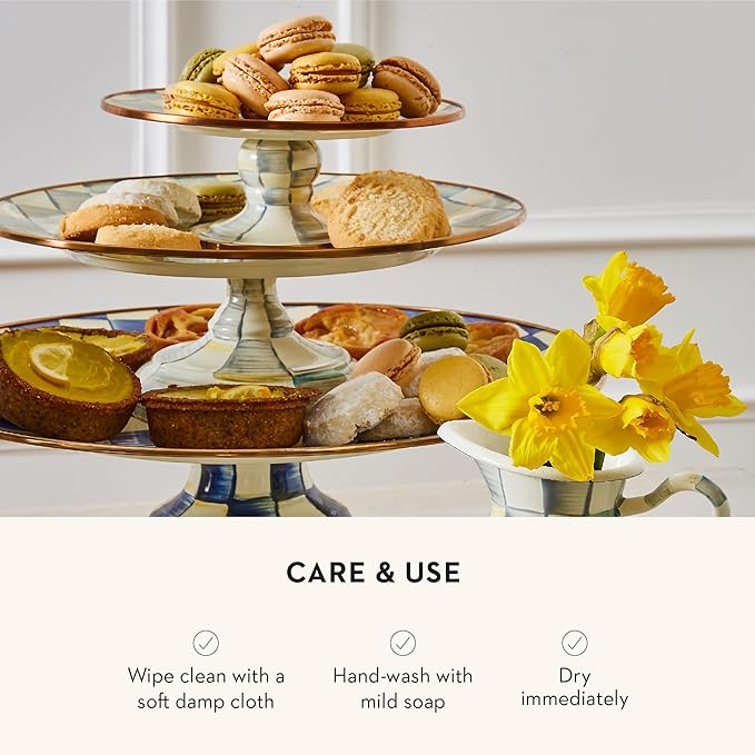 MACKENZIE-CHILDS Enamel Pedestal Platter, Round Cake Stand, Mini, Gray-and-White Sterling Check