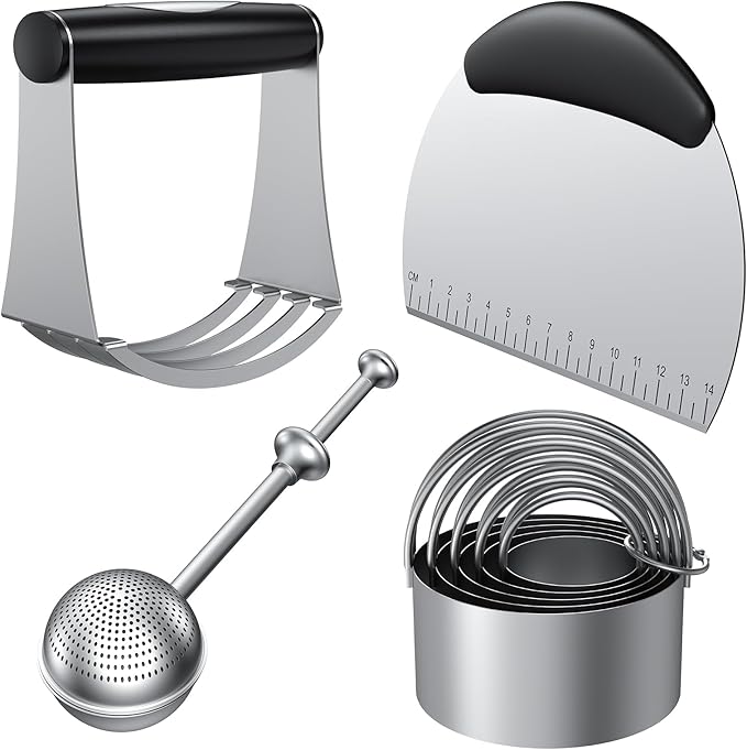 Biscuit Cutter Set, Stainless Steel Flour Sifter, Pastry Cutter, Pastry Scraper and Dough Blender, Flour Sieve for Quick Sifting Cakes and Spices, Professional Baking Dough Tools (4 Set)