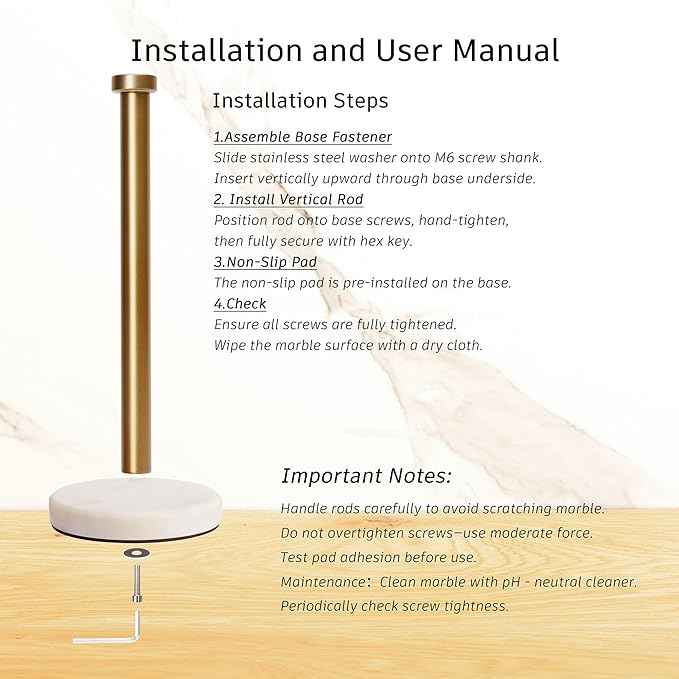 Paper Towel Holder Countertop, Heavy Weighted Marble Gold Paper Towels Holder for Kitchen Counter,Modern Standing Papertowel Roll Holders(Brushed Gold Stainless Steel Bar, White Natural Marble Base)