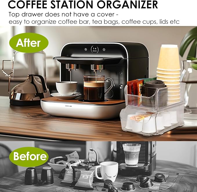 Clear Coffee Pod Holder for Counter, Transparent Coffee Pod Drawer for K Cups, Coffee Pod Storage Organizer Compatible with Nespresso Vertuo 76 Large or 104 Small Pods & Keurig Pods, 4 Tiers