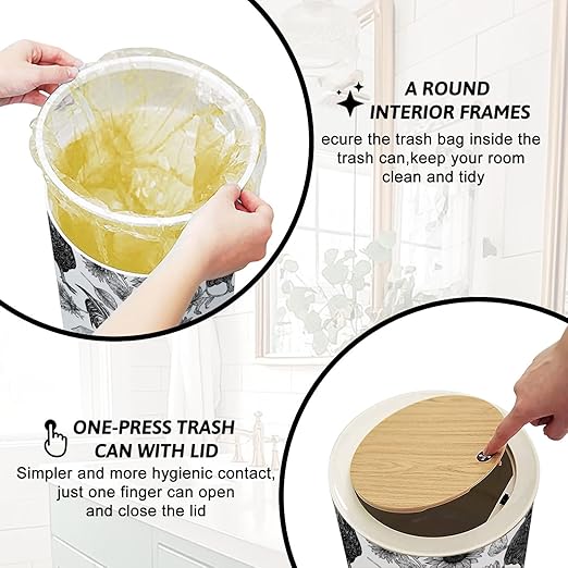 Trash Can with Lid Roosters Sunflowers Black White Botanical Press Top Round Small Garbage Bin with Wooden Legs Waste Basket for Kitchen Bedroom Nursery 7L/1.8 Gallon