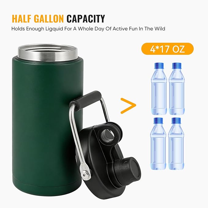 Kerilyn Insulated Half Gallon Jug with Handle, 64oz Stainless Steel, Large Double Vacuum Water Bottle for Hot & Cold Drinks, Wide Mouth, Sweat Proof, Great for Travel, Camping, Green
