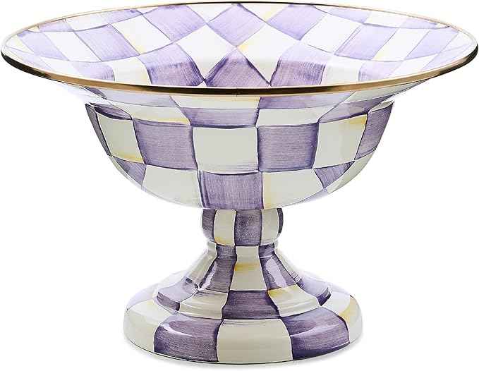 MACKENZIE-CHILDS Enamel Compote, Pedestal Serving Dish or Decorative Bowl, Large, Purple-and-White Violet Check