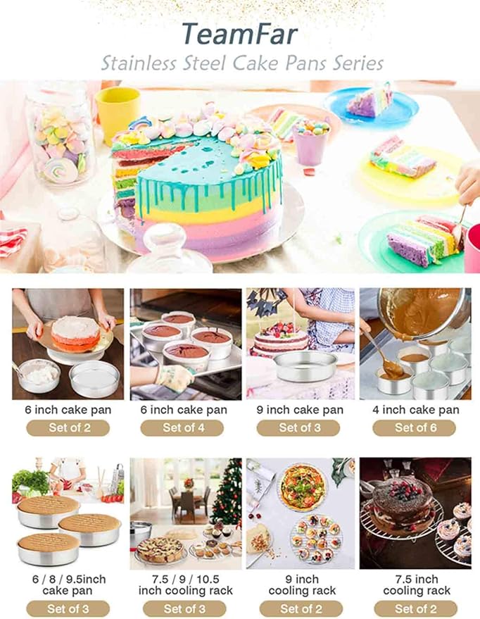 TeamFar 8 Inch Cake Pan, 4 Pieces Stainless Steel Round Tier Baking Cake Pans Set for Baking Steaming, Fit in Oven Pressure Cooker Pot, Healthy & Sturdy, Mirror Finish & Dishwasher Safe