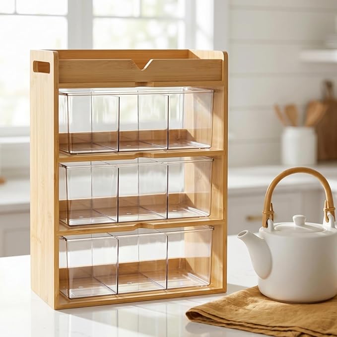 Tlence 4 Tier Bamboo Tea Bag Organizer, Vertical Wooden Tea Storage Box with Acrylic Drawer, Tea Storage Holder and Tea Station for Countertop Kitchen Office, 15.5" x 11" x 5.3"