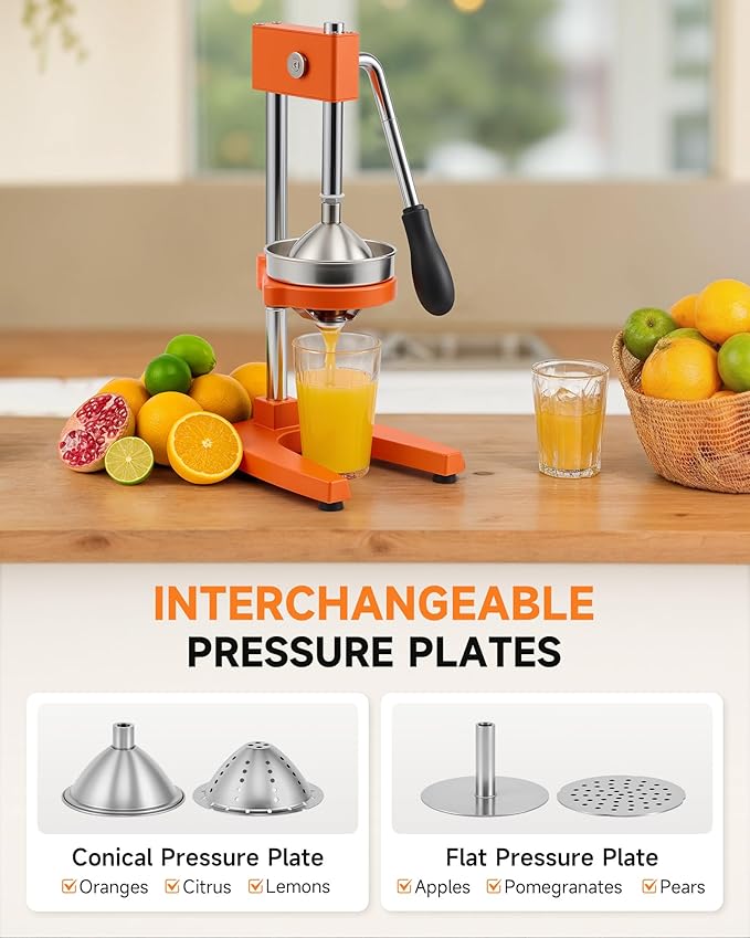 CO-Z Manual Citrus Juicer, Heavy-Duty Manual Juicer with Conical & Flat Pressure Plates, Professional Lemon Squeezer for Orange Pom Lime Lemon Juice, Dishwasher Safe Juice Press, Orange