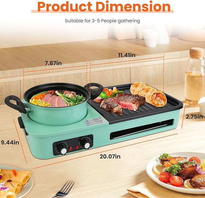 3 in 1 Electric Hot Pot with Grill Smokeless Non-Stick Pot and Griddle for Korean BBQ Grill Shabu Shabu Pot Divider Independent Dual Temperature Control for 3-5 People（1600W）
