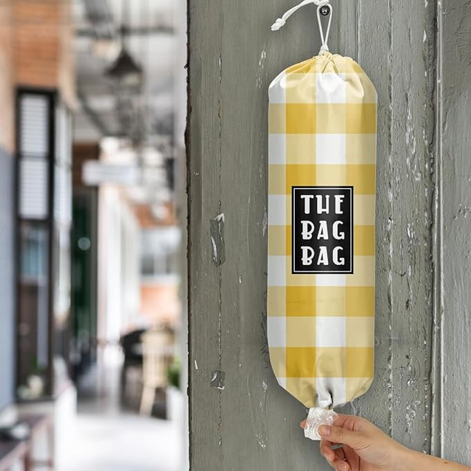 Plastic Bag Holder,Reusable And Washable Grocery Bag organizer,for Home Kitchen Travelling Camping Decor, use 1 Pack, Yellow And White Checkerboard Pattern