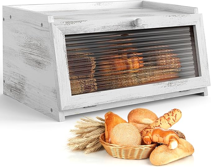 LOHASOK Bread Box for Kitchen Countertop Large Farmhouse Bread Container Bread Storage with Window Wooden Bread Holder