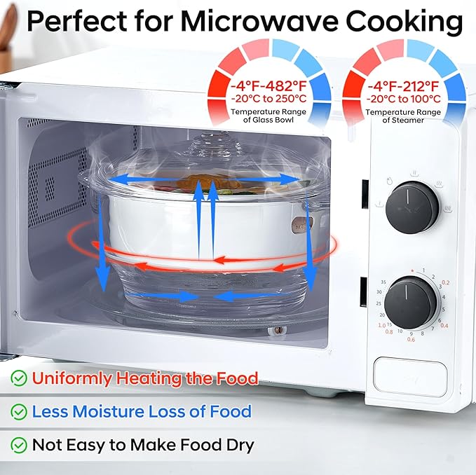 Glass Microwave Steamer for Vegetables, Broccoli, Fish & Food – Oven Safe Steamer Bowl for Cooking, BPA-Free, Odorless & Dishwasher Safe（2.5L）