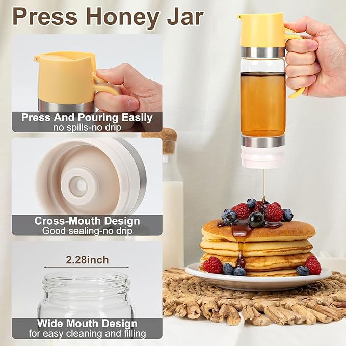 12 Oz Glass Honey Dispenser Pot with Silicone Base No Drip Honey Container Jar, Maple Syrup Dispenser with Handle for Pancake, Coffee or Tea Yellow