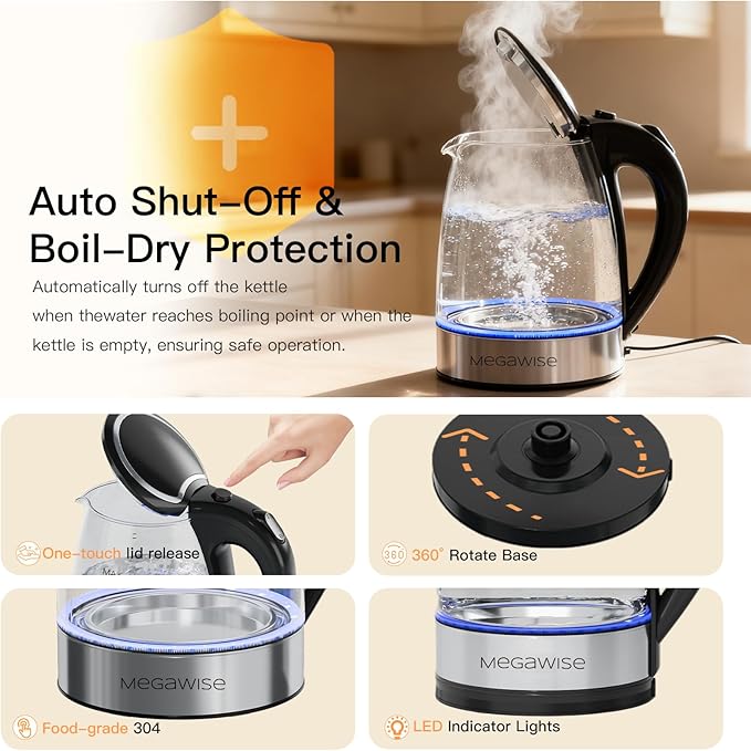 MEGAWISE 1.8L Electric Kettle CX-817 - Fast Boil, Auto Shut-Off, Boil-Dry Protection, (1.8L)