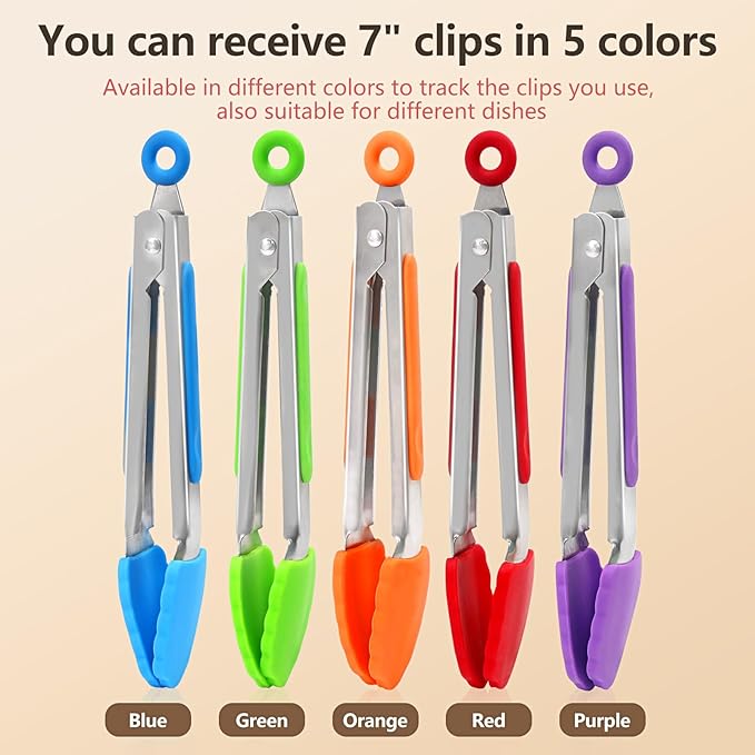 ForTomorrow 7 Inch Small Kitchen Tongs with Silicone Tips, Mini Serving Food Tongs Stainless Steel for Salad, Grilling, Frying and Cooking, 5 Pieces