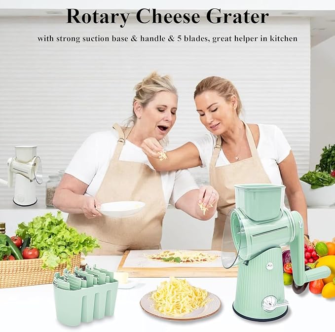 5 in 1 Rotary Grater, Kitchen Artifact 5 in 1 Food Chopper, AYUBOC 5 in 1 Gourmet Cheese Grater, 5 in 1 Cheese Grater, 5 in 1 Hand Crank Food Chopper-Green|5 Group Blades