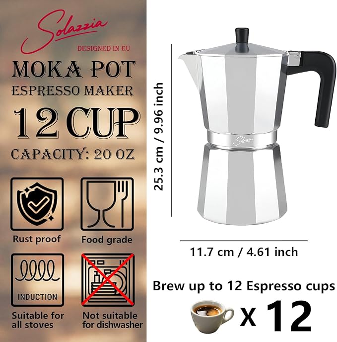 12 Cup Stovetop Espresso Maker Italian Moka Pot, Stove Top Cuban Coffee Maker, Greca Mocha Pot(Basic, 20 oz/600ml)