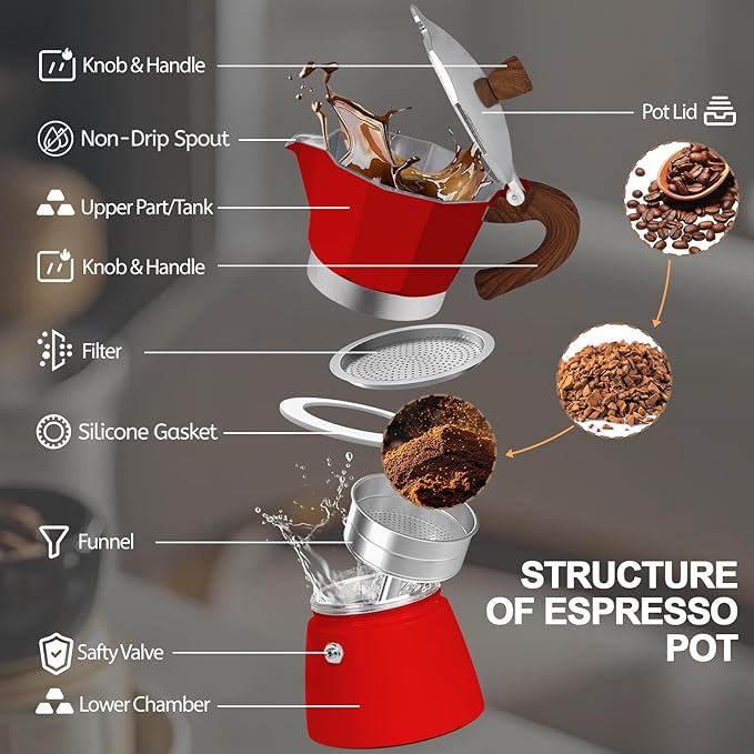 Aluminum 6 Cup 300ml Moka Pot Express Coffee Maker Stovetop Espresso Colorful Coffeemaker Italian Classic Style Brewing Greca Cafe Mocha Machine for Cafeteras Lover Camping Travel and Home Use 10oz