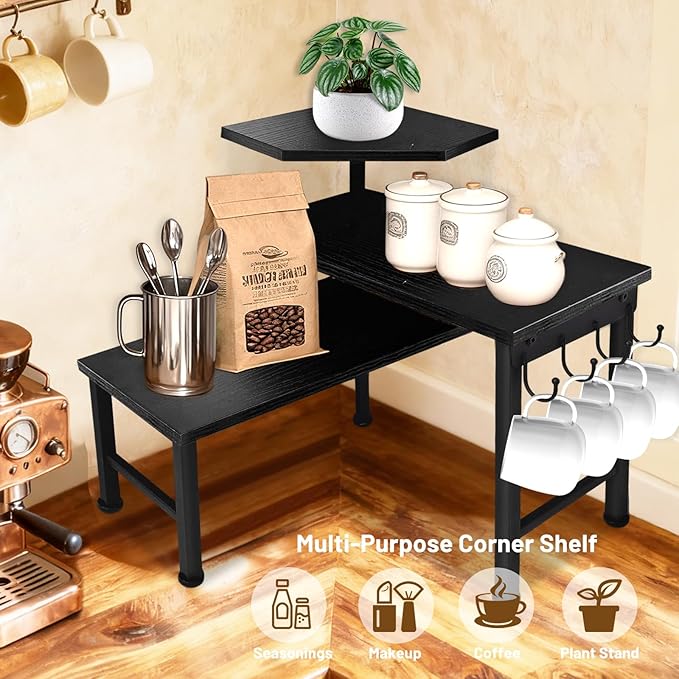 Counter Organizer Shelf, 3 Tier Moveable Black Corner Shelf Organizer with Hook, Counter Shelf for Kitchen Bathroom Spice Rack Coffee Area Over Sink Dresser Table (Black)