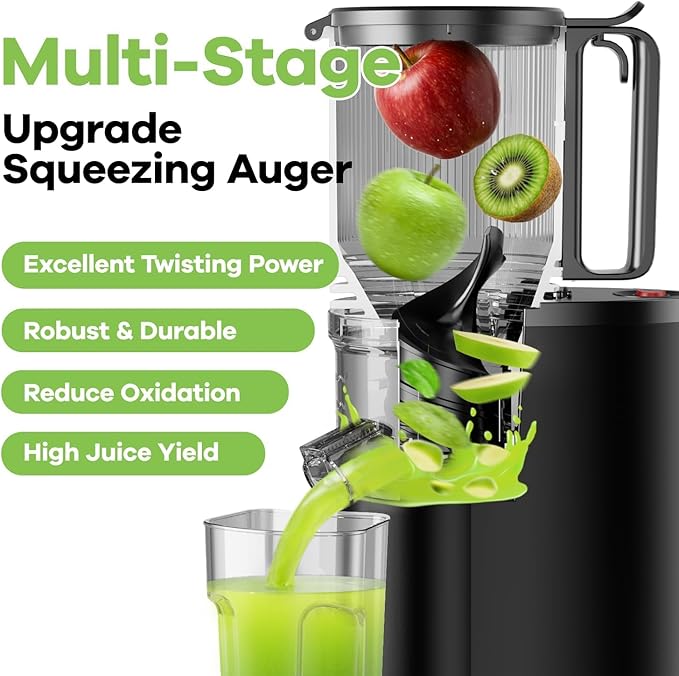 EanOruus Cold Press Juicer, 5.8" Wide Feed Chute Juice Extractor Machine with 400W, High Juice Yield, Slow Masticating Juicer for Whole Vegetables & Fruits, Textured black