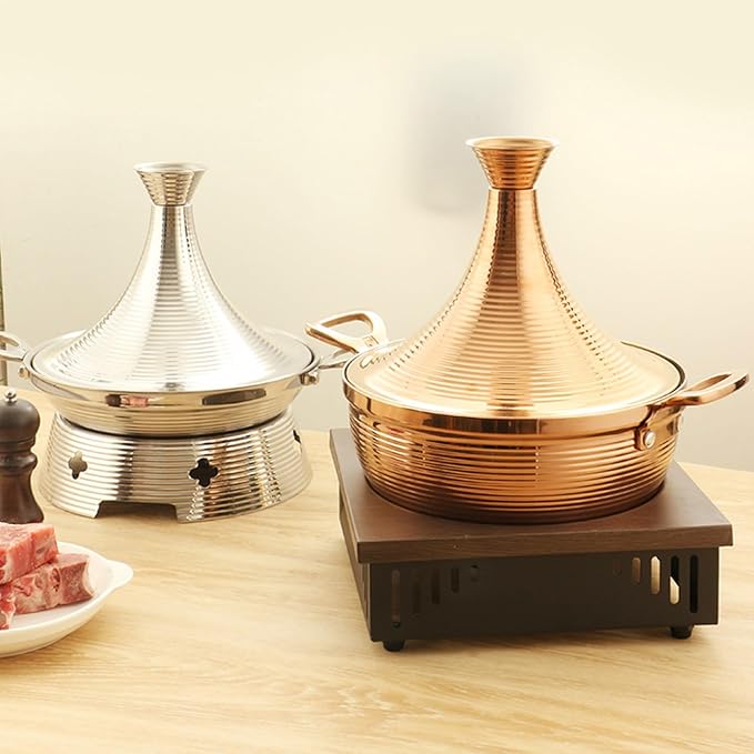 Moroccan Tagine Cooking Pot,Stainless Steel Non Stick Moroccan Casserole with 2 Handles,Large Moroccan Cooker Handmade Tagine Pot with Cone-Shaped Lid(29cm, Silver)