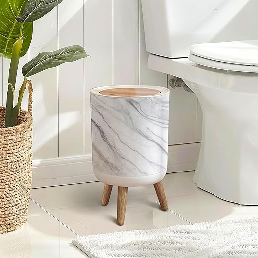 Trash Can with Lid Marble Texture Abstract Press Top Round Small Garbage Bin with Wooden Legs Waste Basket for Kitchen Bedroom Nursery 7L/1.8 Gallon