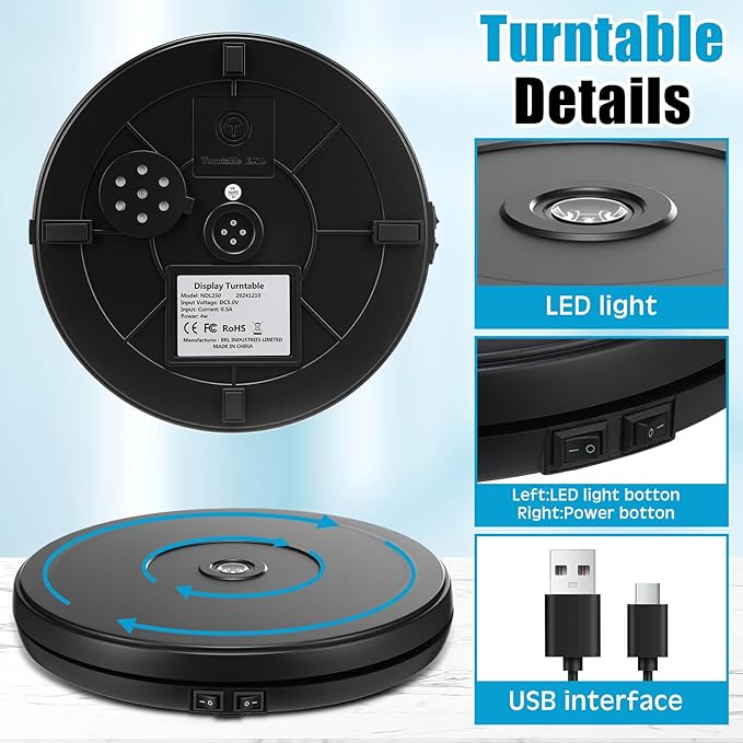 Tuanse 10 Inch Electric Motorized Rotating Turntable Cup Display Stand with LED, 44 lb Centric Loading for Table, 360 Degree Product Display Stand for Shop Jewelry Photography Video(Black)