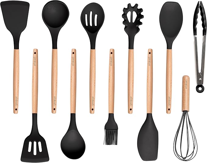 11-Piece Silicone Kitchen Utensils Set with Non Toxic Spatula, Tongs, Whisk, Turner & Ladle – Heat Resistant, Non-Scratch Cooking Tools with Wooden Handles, BPA-Free, Dishwasher Safe (Black)