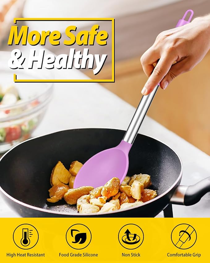 Pack of 2 Large Silicone Cooking Spoon Non Stick Solid Basting Spoons Heat-Resistant Kitchen Utensils for Mixing Serving (Pink-Purple)