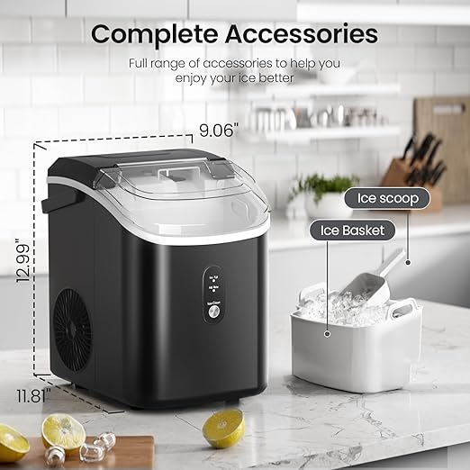 Crzoe Nugget Ice Maker Countertop with Self-Cleaning Function, Sonic Ice Machine with Handle, 35Lbs/24H, Compact Design for Home/Office Use(Black)