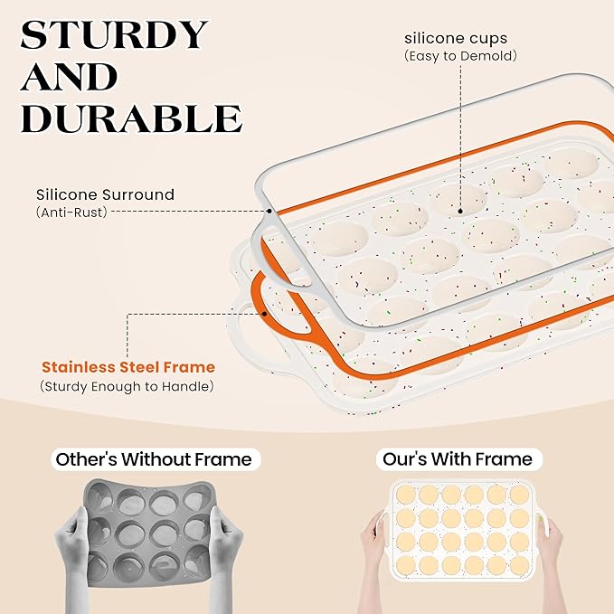 2 Pcs Mini Muffin Pans with Metal Reinforced Frame, 24 Cups Nonstick Silicone Cupcake Tray for Baking, Food Grade Small Muffin Molds with Handles (Cream)