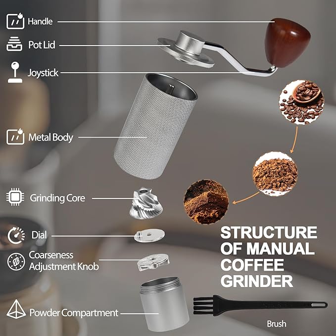 Non-Detachable Manual Coffee Grinder with 25 Level Stainless Steel Conical Burr Portable Aluminum Coffee Bean Grinder Gift Set Suitable for Moka Pot Espresso Pour Over Easy Cleaning with Brush