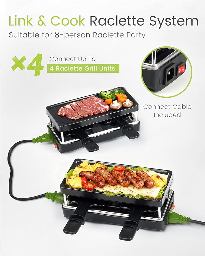 2-Person Raclette Table Grill - Indoor Non-stick Electric Grill Griddle - Series Connection Contact Grill up to 4 Grills, 2 Paddles Included, 2 Packs, BC-02