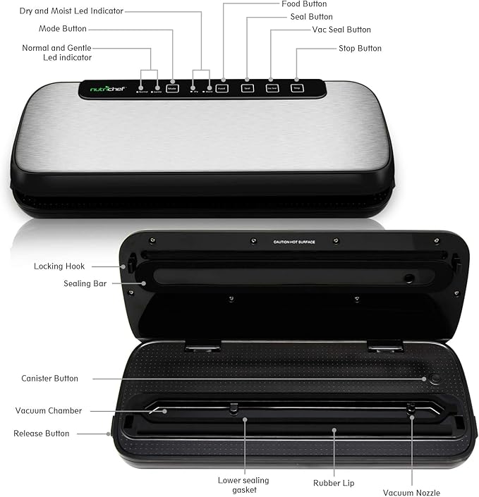 NutriChef Stainless Steel Vacuum Sealer For Food - High-Power Machine with Adjustable Suction, Dry & Moist Modes, LED Lights, Bags, Wine Stopper & Hose, Easy Plug-in Design, Lab-Tested Food Storage