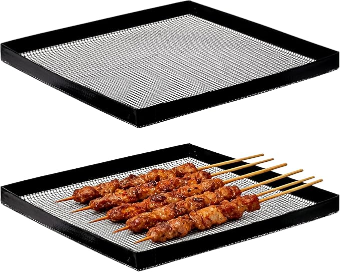 Professional-Grade 2-Pack PTFE Mesh Oven Baskets, 13.5x14.5x1 Inch Non-Stick Solid Oven Trays for Commercial Kitchens & High-Volume Cooking