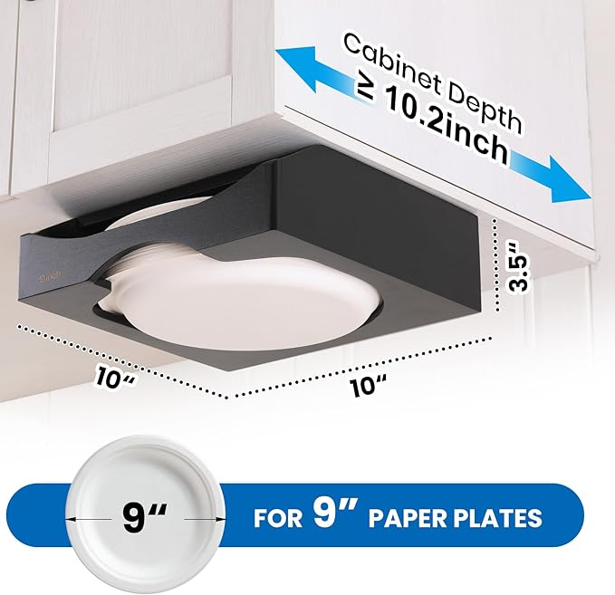 9-inch Paper Plate Dispenser Under Cabinet, Bamboo Paper Plate Holders, Kitchen Counter Vertical Plate Dispensers Holders Countertop Caddy(For 9-inch Plates, Black)
