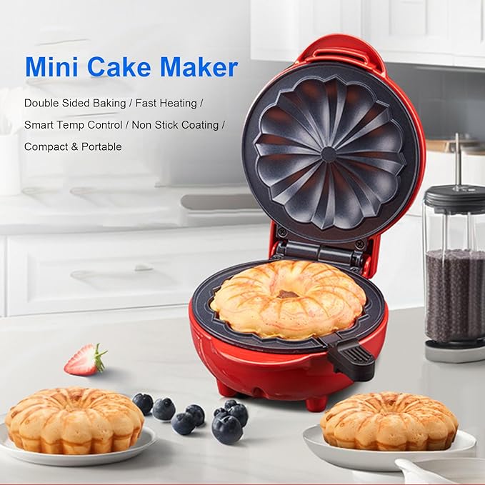 Diydeg Cake Maker Machine, 550W Double Sided Heating Non Stick Coating Donut Maker with Indicator Light, Electric Food Waffle Maker for Breakfast Snacks Desserts, Gift for Bakers (US Plug 110V)
