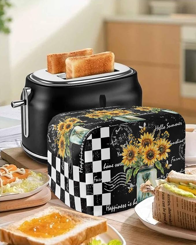 Sunflower Vintage Toaster Cover 2 Slice, Farmhouse Floral Dustproof Bakeware Oven Protector with Top Hook, Black Checkered Waterproof Small Kitchen Appliance Toasters Dust Cover, 12"x7.5"x8"
