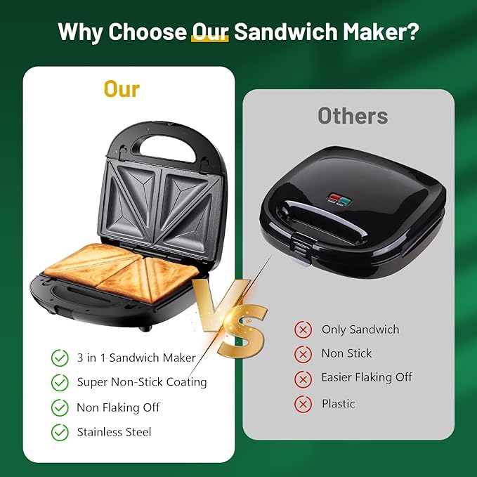 KEENSTAR 3 in 1 Electric Sandwich Maker, Waffle Maker with Removable Non-Stick Plates, Grill with Double-Sided Heating, Easy to Clean and Store, Perfect for Cooking Breakfast, Grilled Cheese and Steak