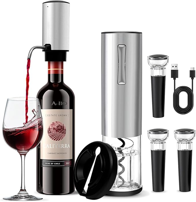 Electric Wine Opener Set - Automatic Rechargeable Corkscrew for Wine Bottles with Foil Cutter, Wine Aerator & Vacuum Stopper
