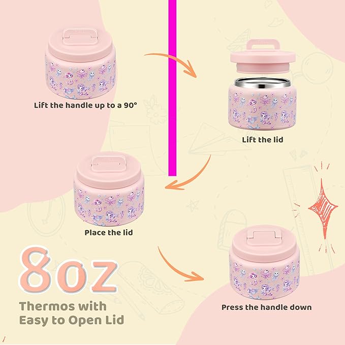 Bento Lunch Box for Kids with 8oz Soup Thermo Leak-Proof Lunch Food Containers with Snack Sauce Container for Kid Girls Boys to School (Pink Mermaid)