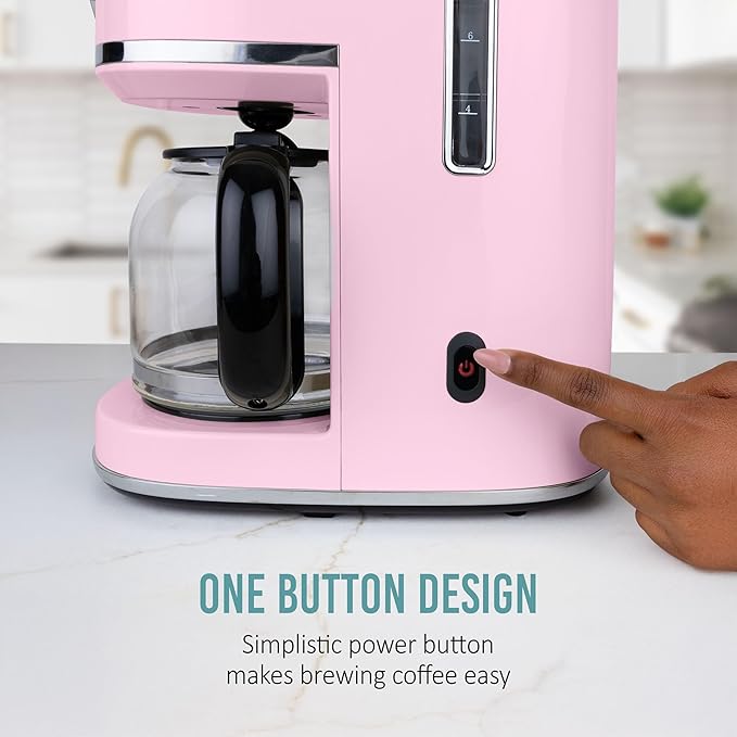 Nostalgia Classic Retro 10 Cup Coffee Maker - One-Touch Drip Brew, Reusable Filter - Anti-Drip, Auto Shutoff, & Time Display - Dishwasher Safe 50 oz Carafe - Pink